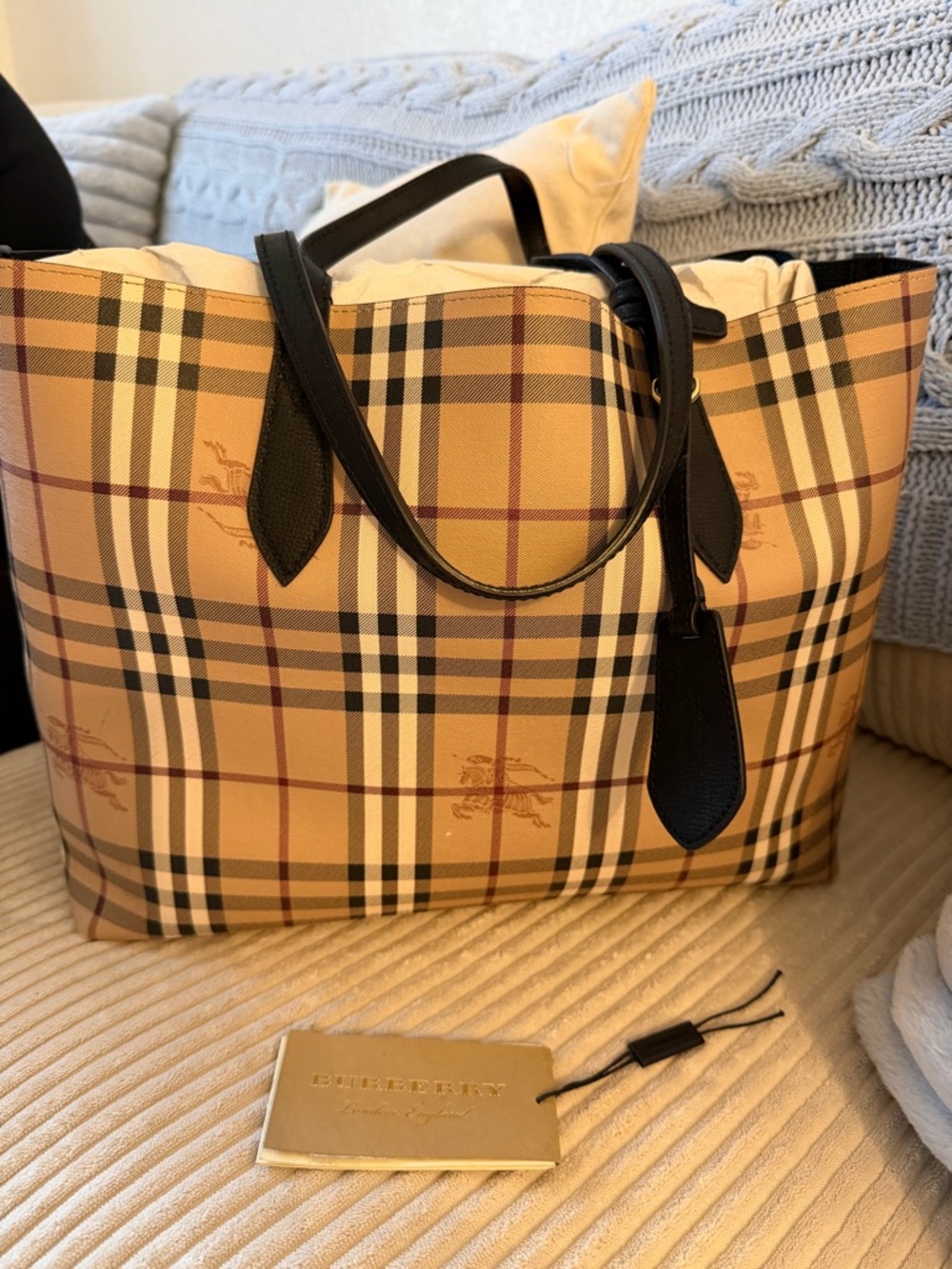 Burberry Classic Nova Check Tote with Black Leather Trim
